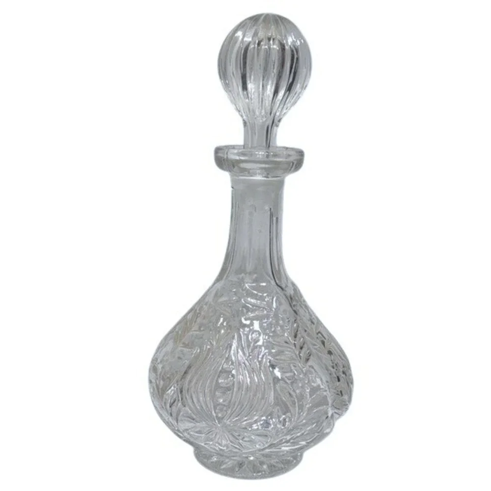 Clear‎ Glass Etched Floral Decanter Bottle Stopper Tall Elegant Vintage
